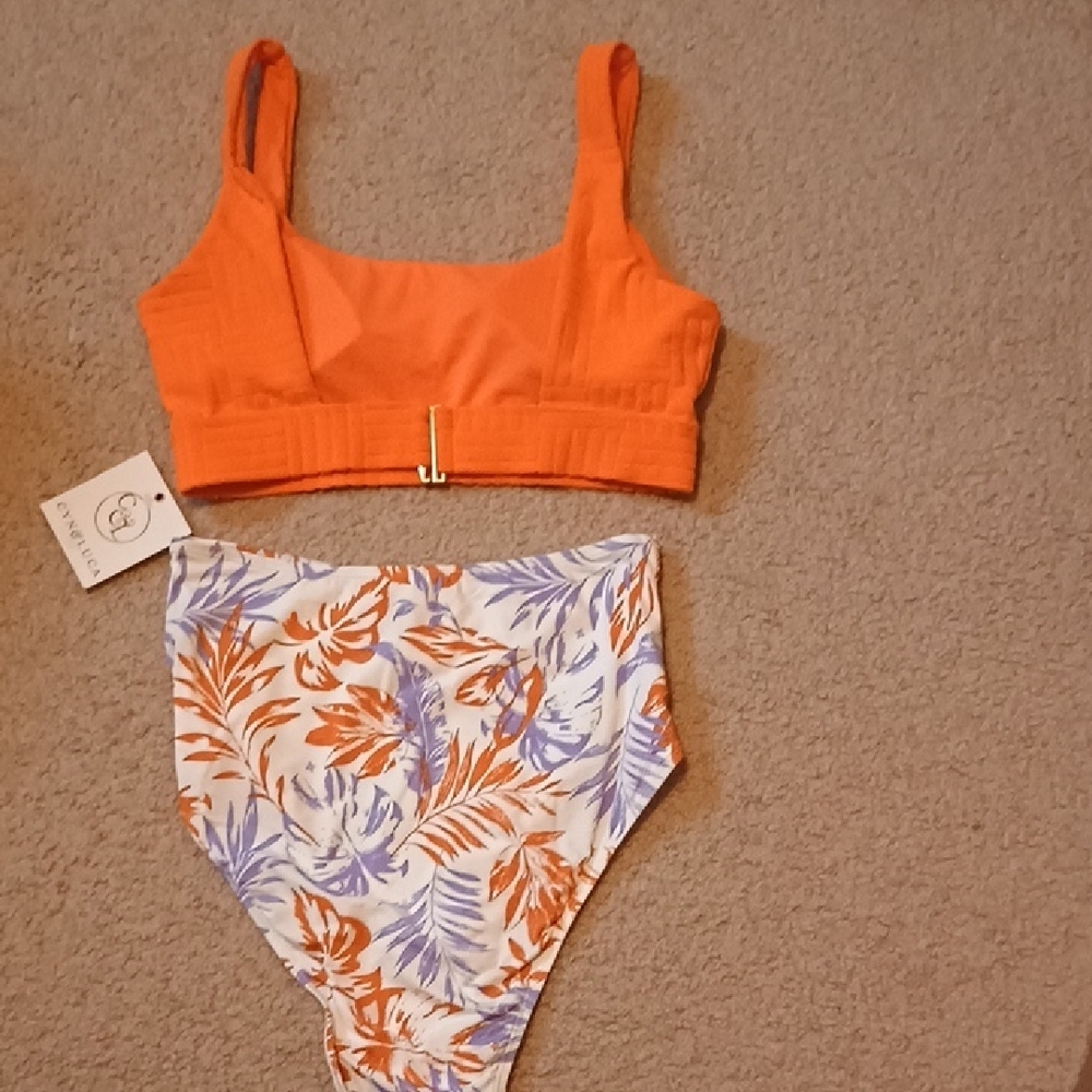 Orange Retro Floral Textured Super High Waisted Bikini Set Size Small NWT - Picture 4 of 6